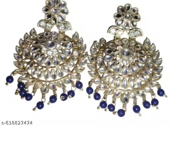 NEWME JEWELLERY Stylish Gold-Plated Kundan Chandbalin Earrings with Blue Beads for Women & Girls